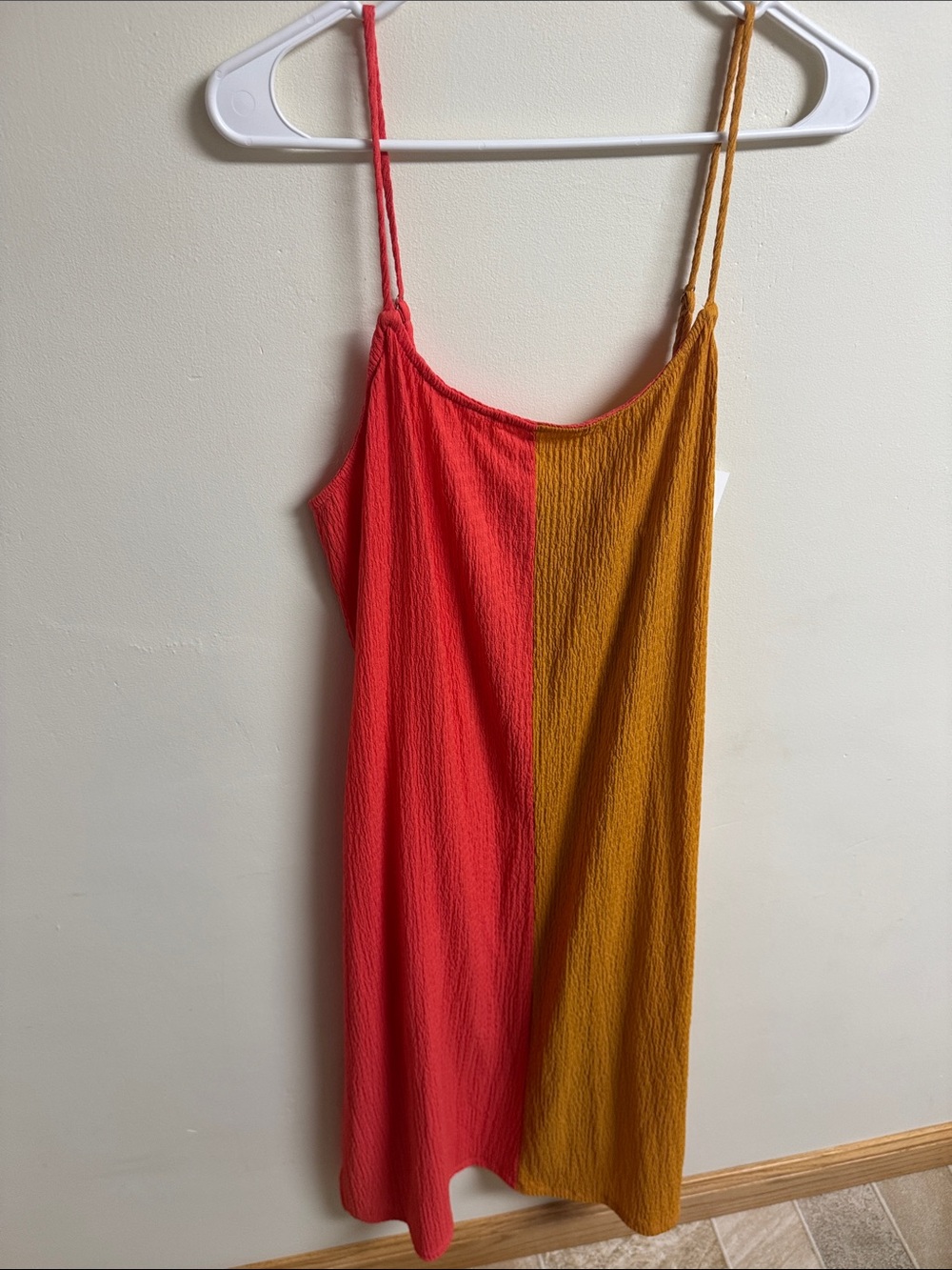 Two-Tone Midi Slip Dress in Red and Mustard